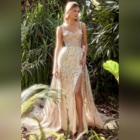 Champagne gold or blue gold fitted glitter new long gown with wrap skirt - Picture 2 of 12